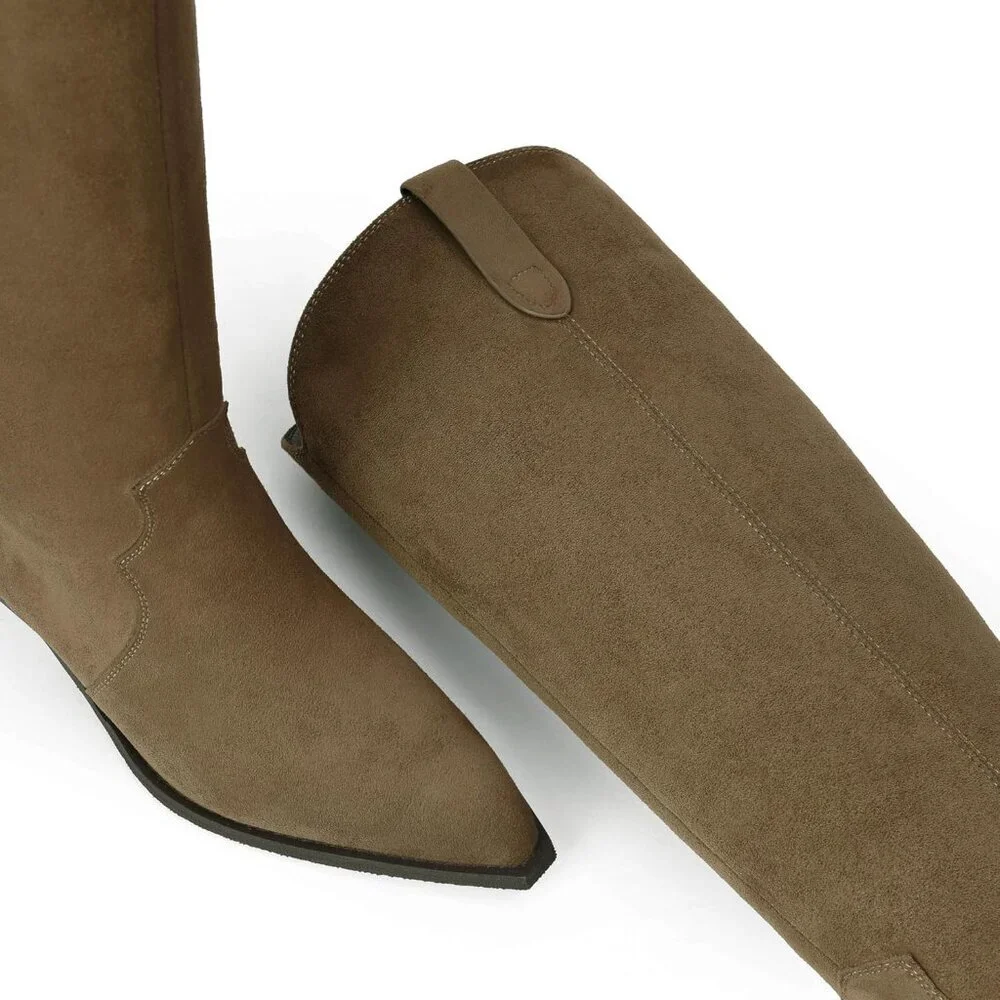 Women's Camel Knee High Faux Suede Western with 2 IN Chunky Heel Pointed